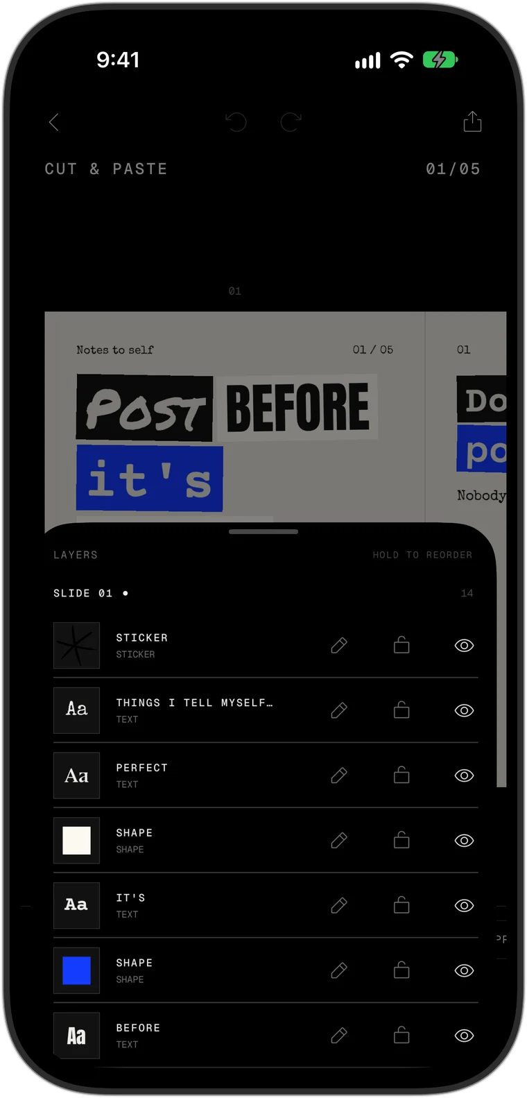 The layers panel in the app listing every element of a slide