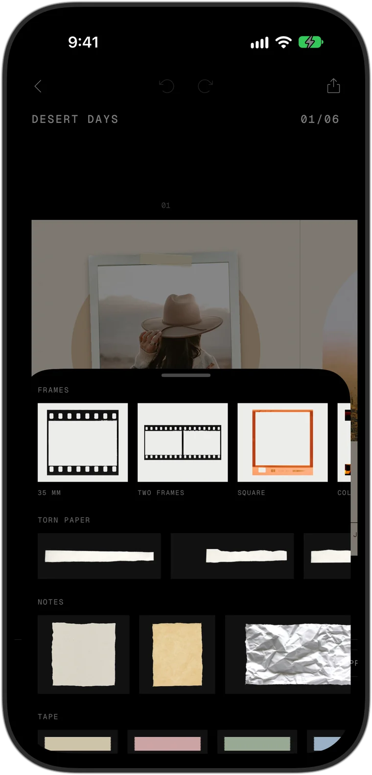The material picker in the app: film frames, torn paper, notes, plastic wrap and tape