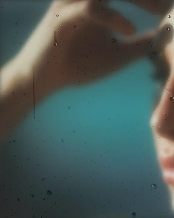 A hand behind steamed glass with water drops running down