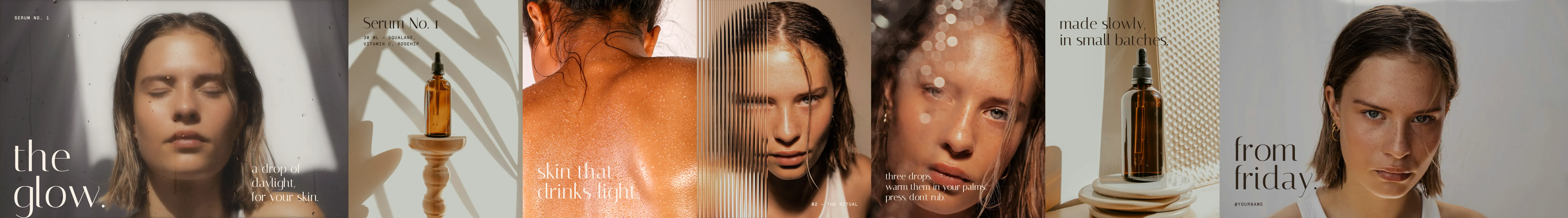 The Glow, a serum campaign made in FRAMEKID: nine golden slides in which one portrait behind wet glass runs across the slide edges