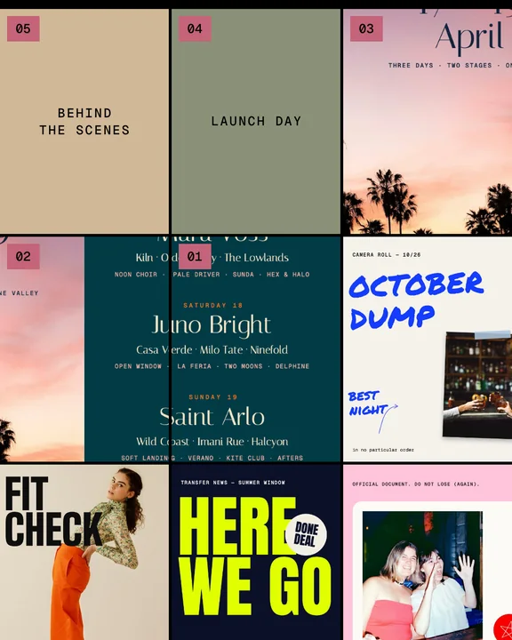 A planned Instagram grid with numbered posts and placeholders